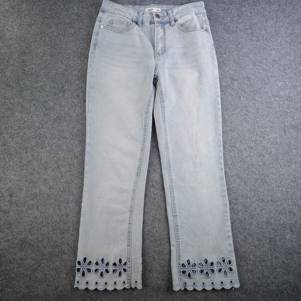OAT New York Jeans Women's 27‎ Light Wash Floral Eyelet Cutout Hem Straight Leg